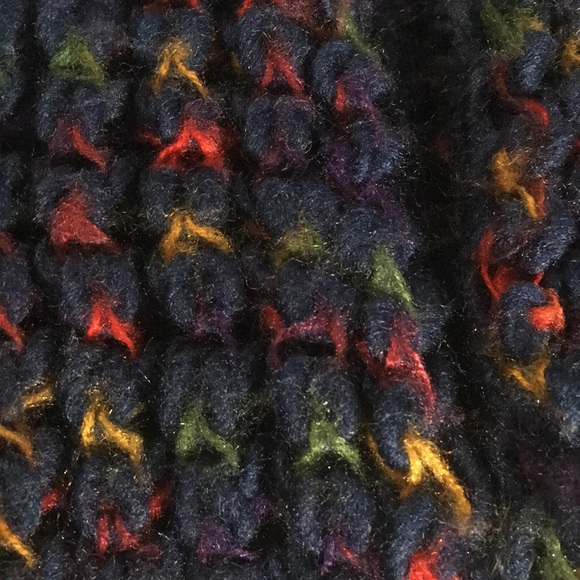 Blue knitted look infinity scarf with touches of red green gold - Picture 3 of 4